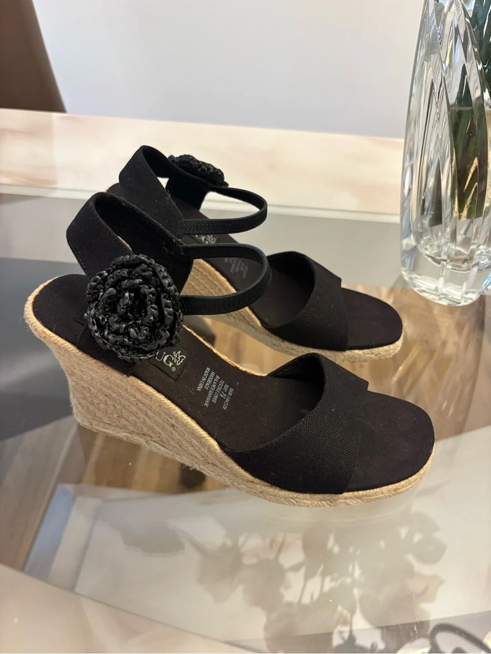 Fashion Bug Women's Black Wedge Slingback Sandals Flower Accent Slip On 7.5